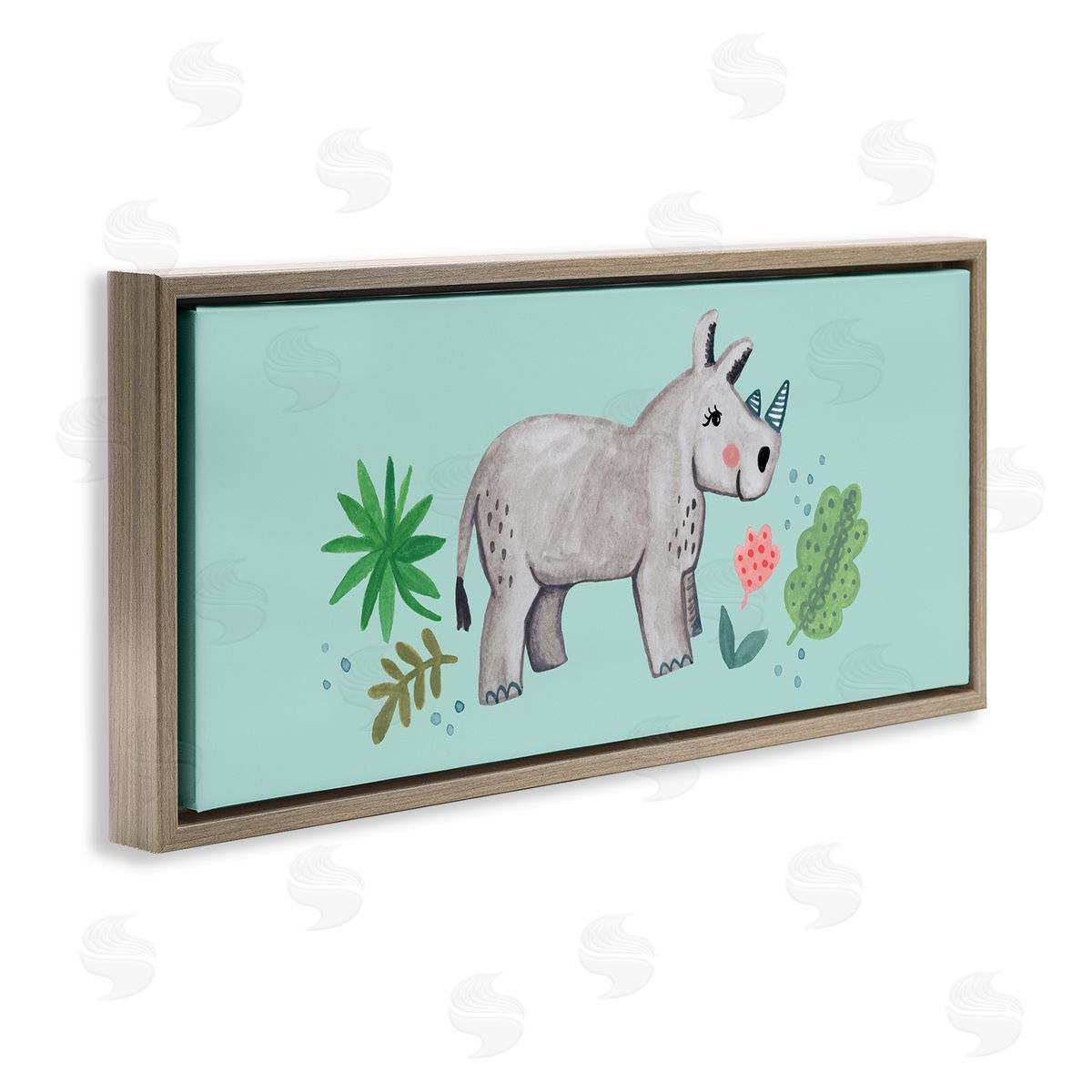 Heather Strianese Rhino Illustration Plants Leaves Turquoise Background Design