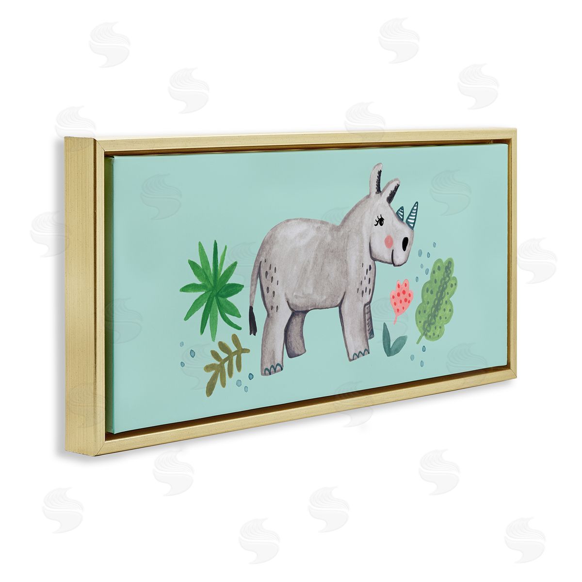 Heather Strianese Rhino Illustration Plants Leaves Turquoise Background Design
