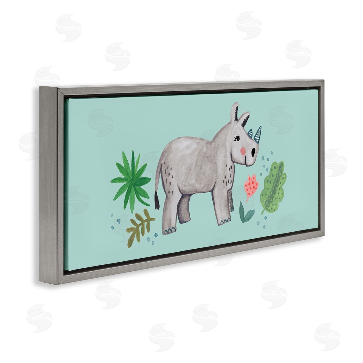 Heather Strianese Rhino Illustration Plants Leaves Turquoise Background Design