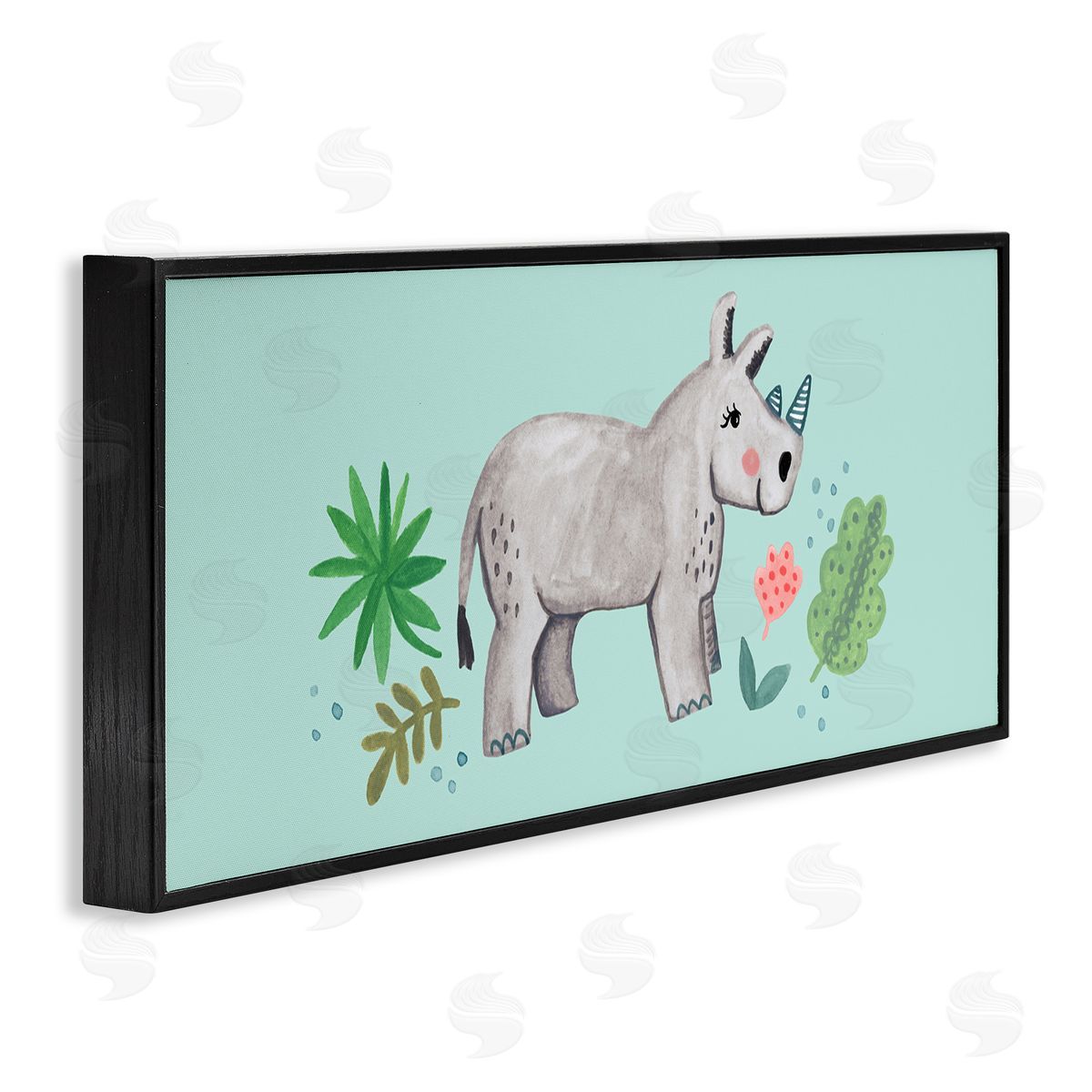 Heather Strianese Rhino Illustration Plants Leaves Turquoise Background Design