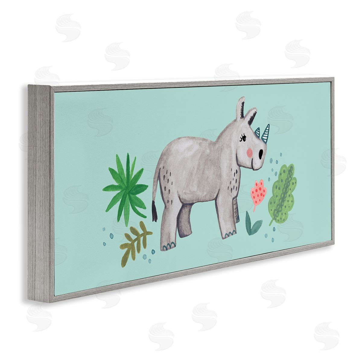 Heather Strianese Rhino Illustration Plants Leaves Turquoise Background Design