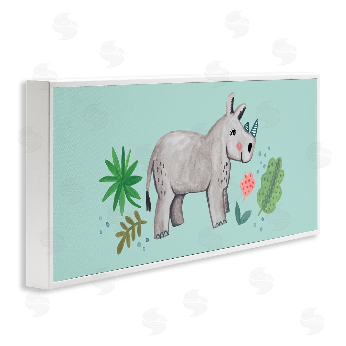 Heather Strianese Rhino Illustration Plants Leaves Turquoise Background Design