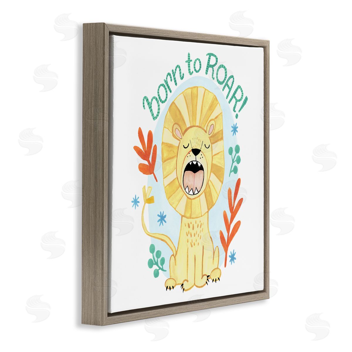 Heather Strianese Born To Roar Saying Yellow Lion Simple Botanicals Brown Floating Frame Canvas Wall Art Print