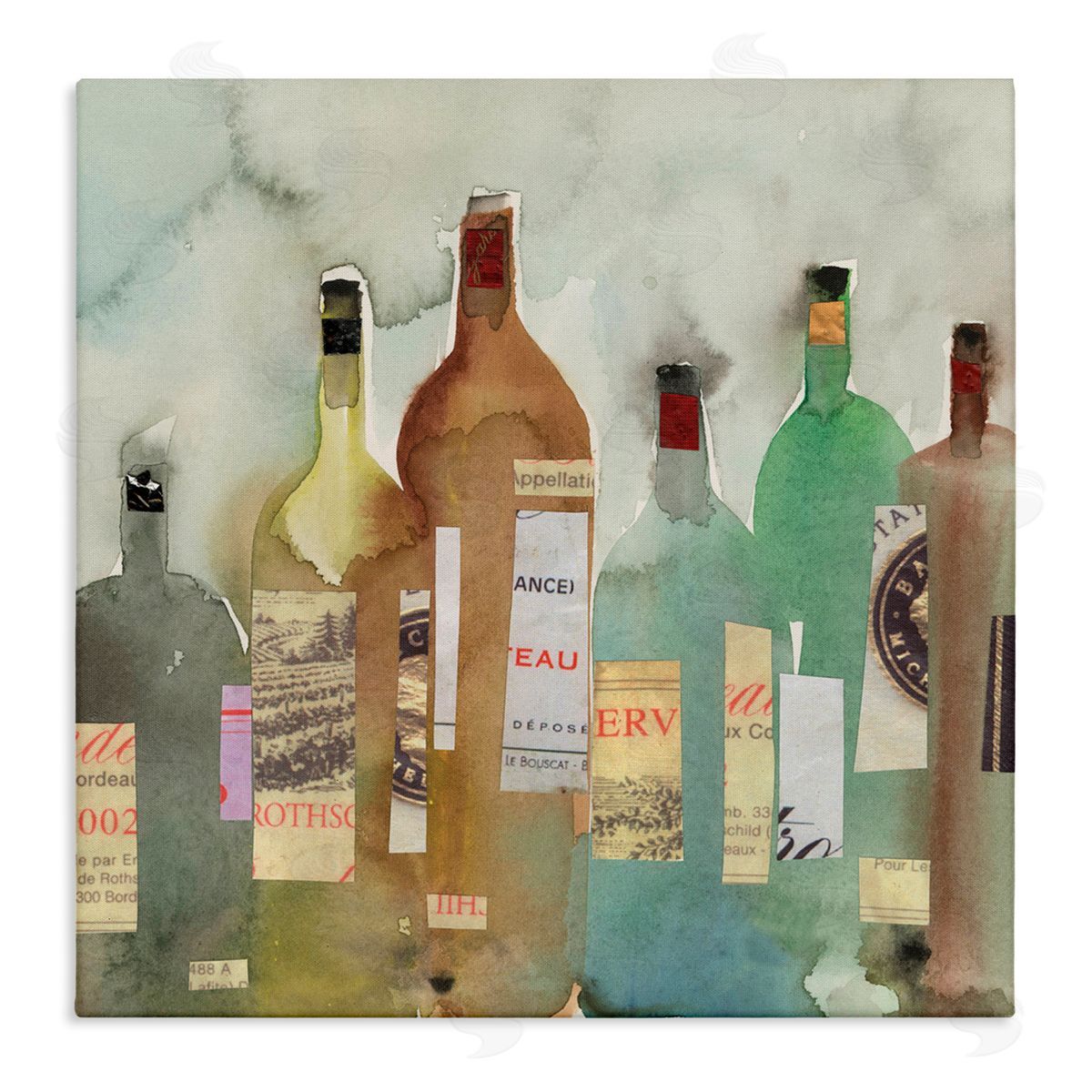Samuel Dixon Classic Wine Liquor Bottles Watercolor Collage Stretched Canvas Wall Art Print