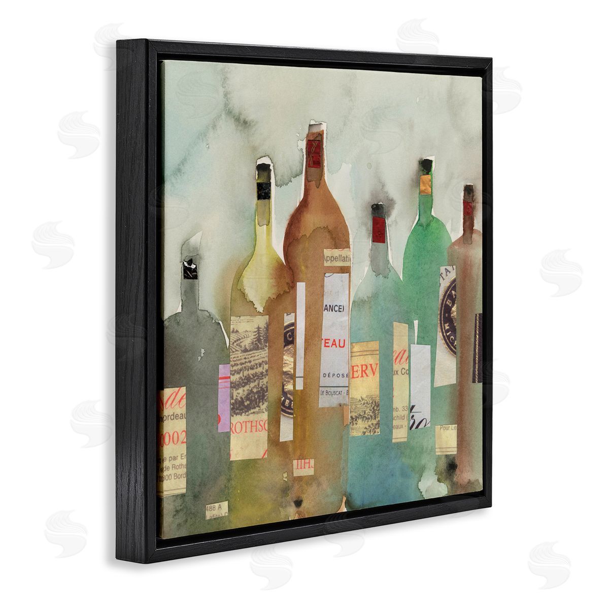 Samuel Dixon Classic Wine Liquor Bottles Watercolor Collage Black Floating Frame Canvas Wall Art Print