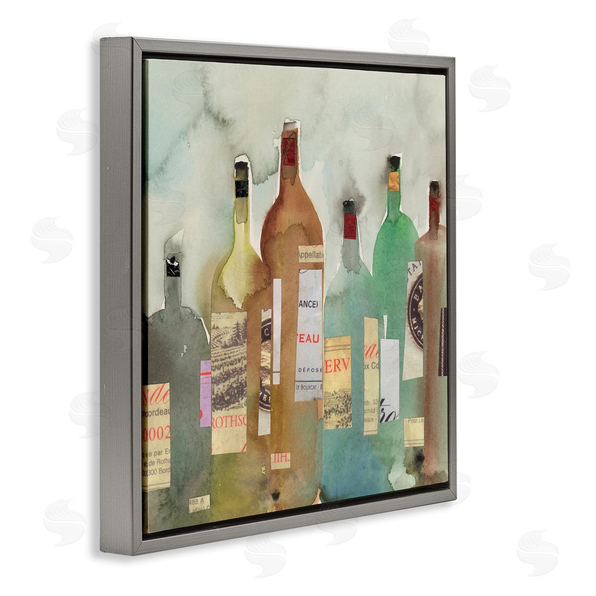 Samuel Dixon Classic Wine Liquor Bottles Watercolor Collage Gray Floating Frame Canvas Wall Art Print