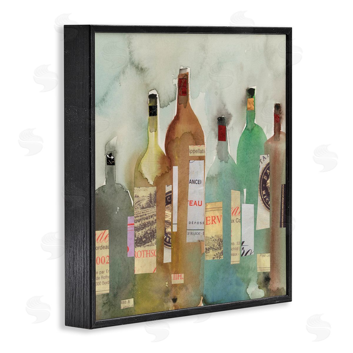 Samuel Dixon Classic Wine Liquor Bottles Watercolor Collage Black Framed Glicee Wall Art Print