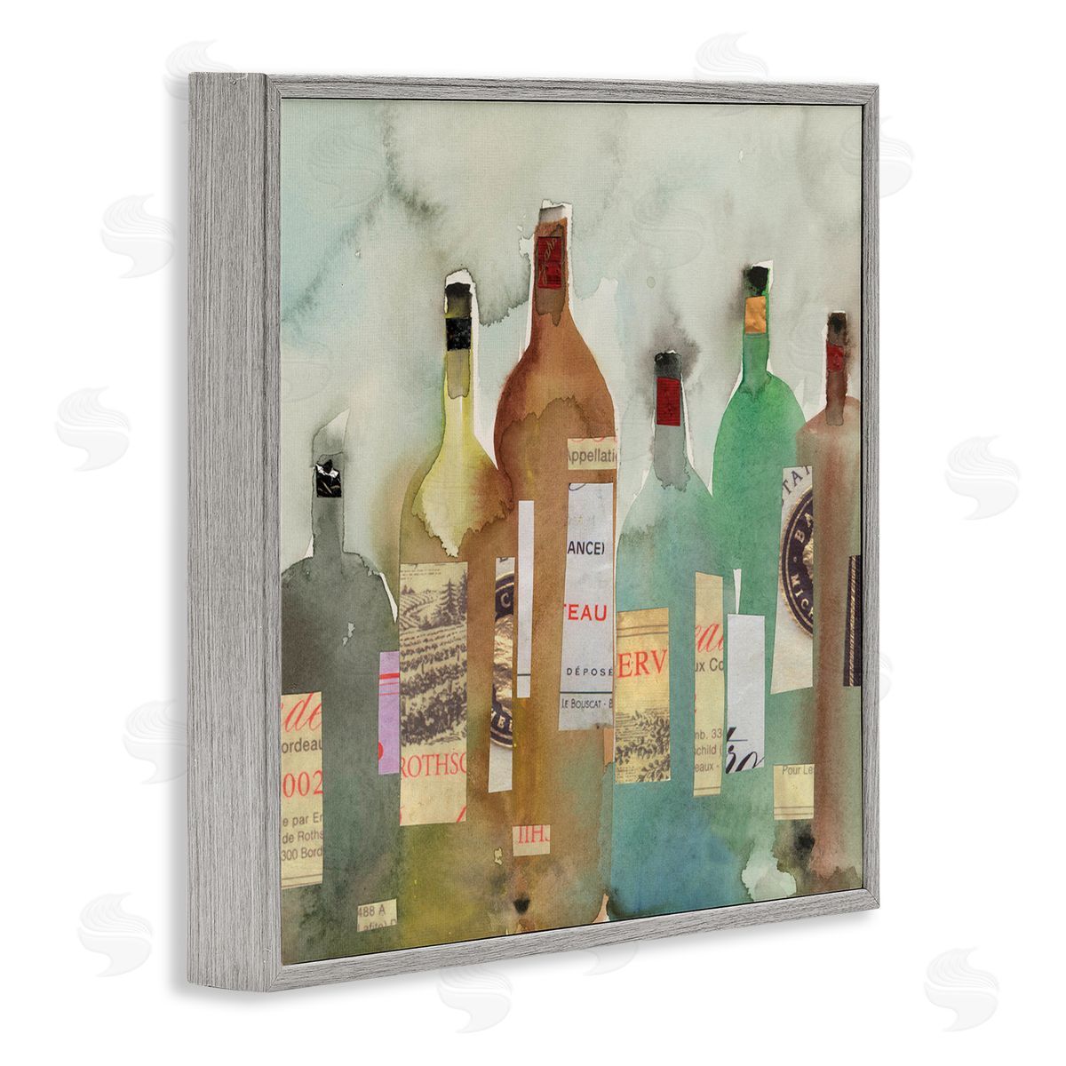 Samuel Dixon Classic Wine Liquor Bottles Watercolor Collage Gray Framed Glicee Wall Art Print