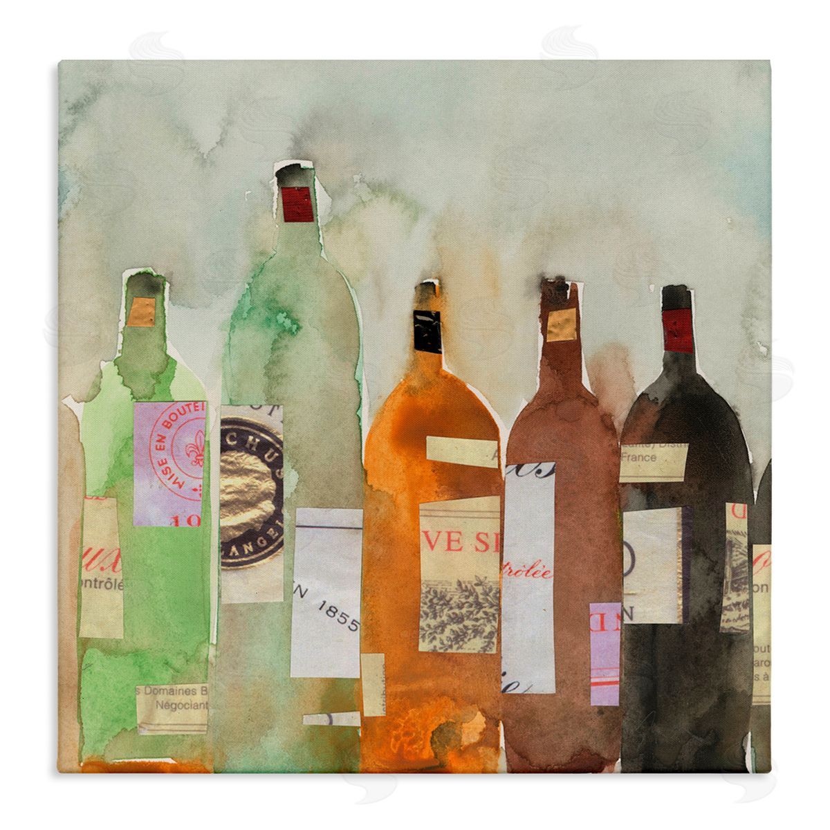 Samuel Dixon Collaged Wine Champagne Bottles Vintage Style  Stretched Canvas Wall Art Print