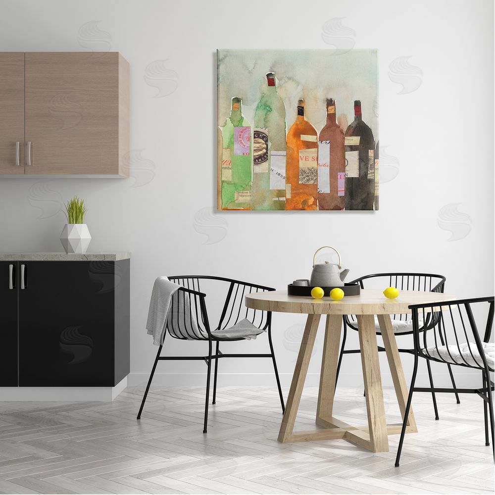 Samuel Dixon Collaged Wine Champagne Bottles Vintage Style Canvas Wall Art in Room