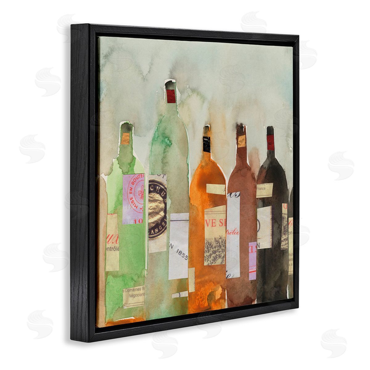 Samuel Dixon Collaged Wine Champagne Bottles Vintage Style Black Floating Frame Canvas Wall Art Print