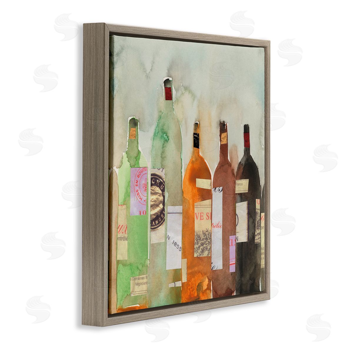 Samuel Dixon Collaged Wine Champagne Bottles Vintage Style Brown Floating Frame Canvas Wall Art Print