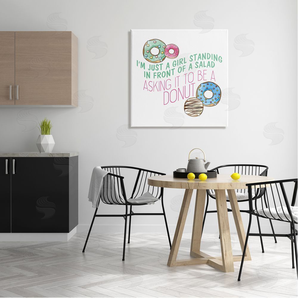 Kim Allen Humorous Donut Girl Quote Pastel Typography Canvas Wall Art in Room