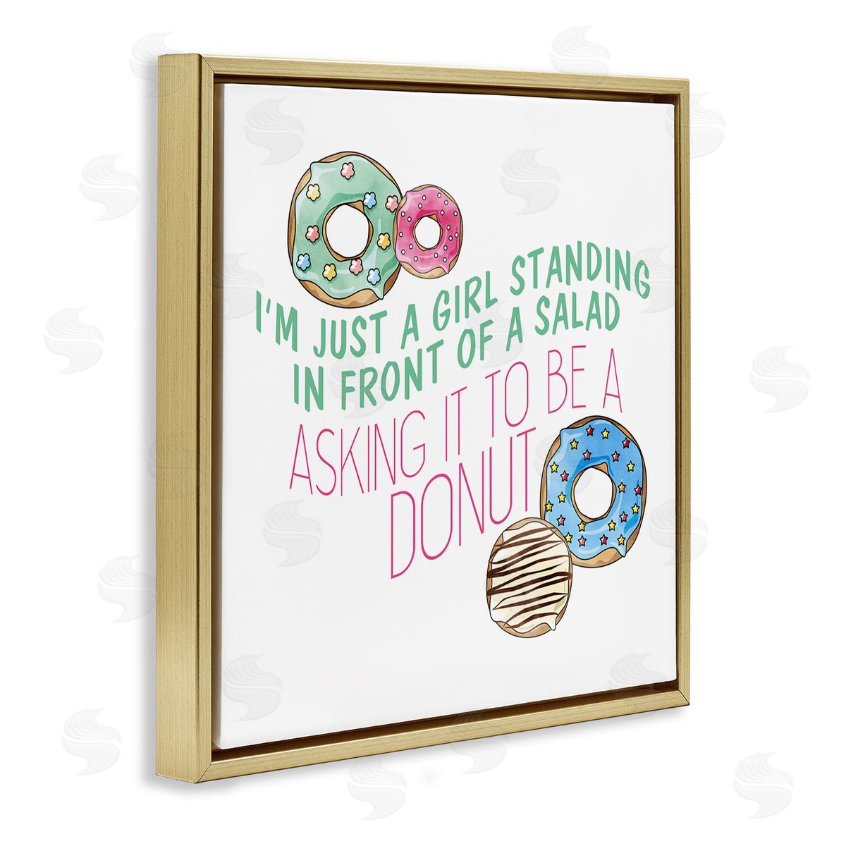 Kim Allen Humorous Donut Girl Quote Pastel Typography Gold Floating Frame Canvas Wall Art Print