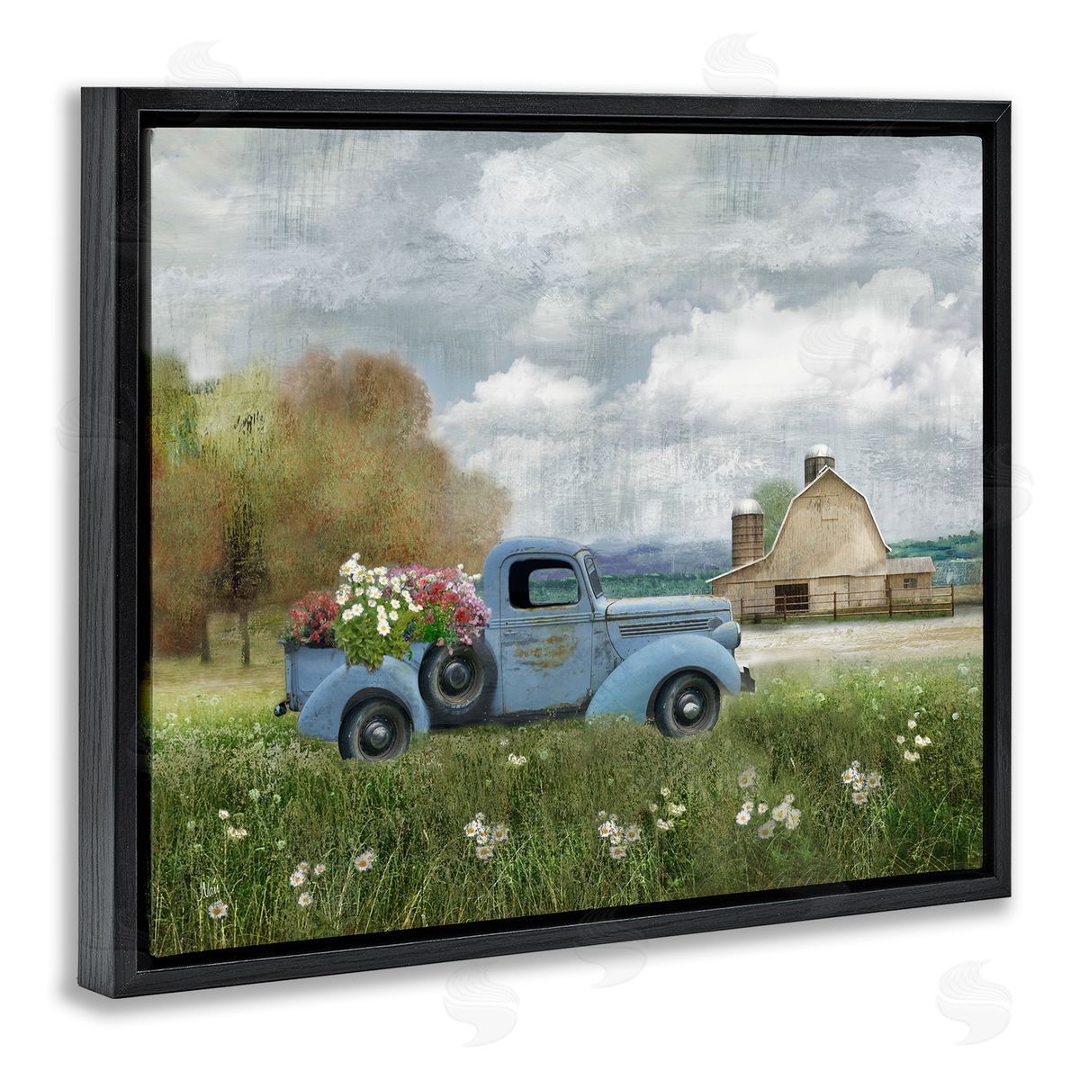 Vintage Blue Truck in Meadow Black Floating Frame Canvas Wall Art, Home Decor by Nan