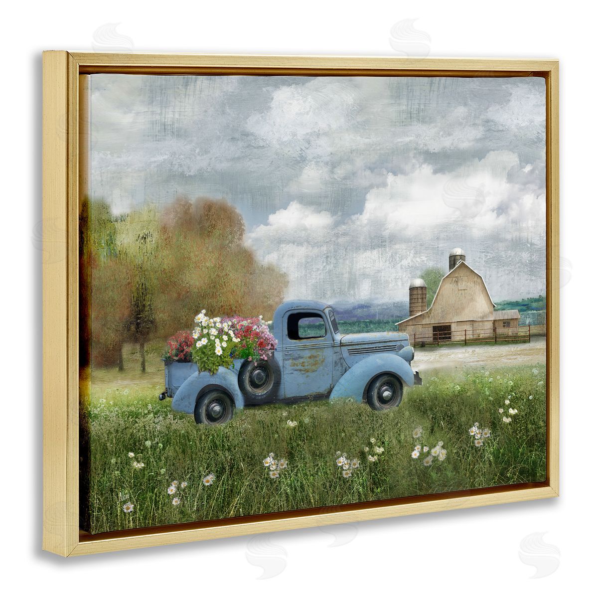Vintage Blue Truck in Meadow Gold Floating Frame Canvas Wall Art, Home Decor by Nan