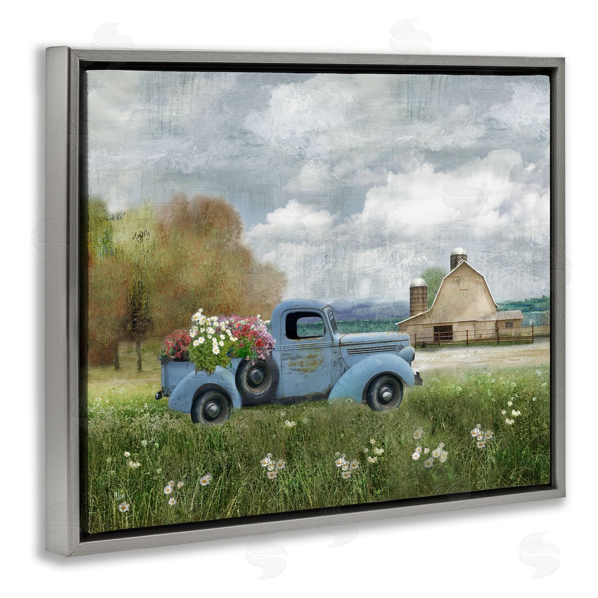 Vintage Blue Truck in Meadow Grey Floating Frame Canvas Wall Art, Home Decor by Nan