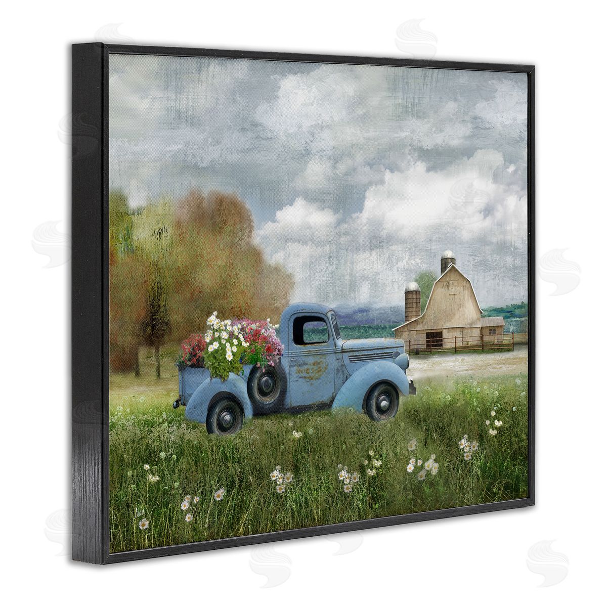 Vintage Blue Truck in Meadow Black Frame Print Wall Art, Home Decor by Nan