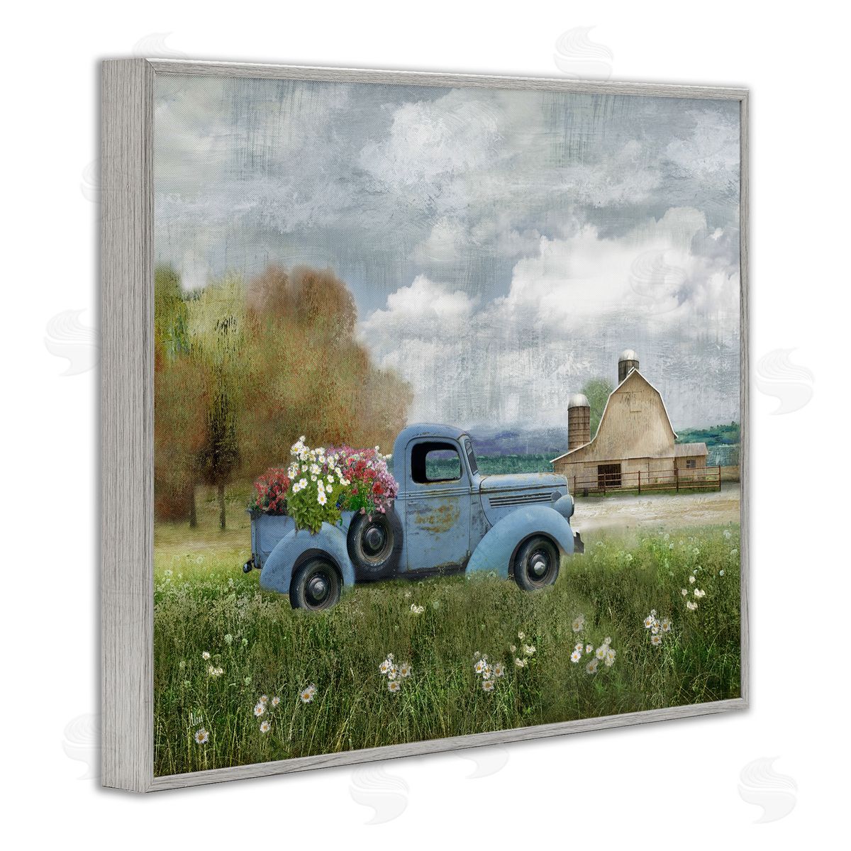 Vintage Blue Truck in Meadow Grey Frame Print Wall Art, Home Decor by Nan