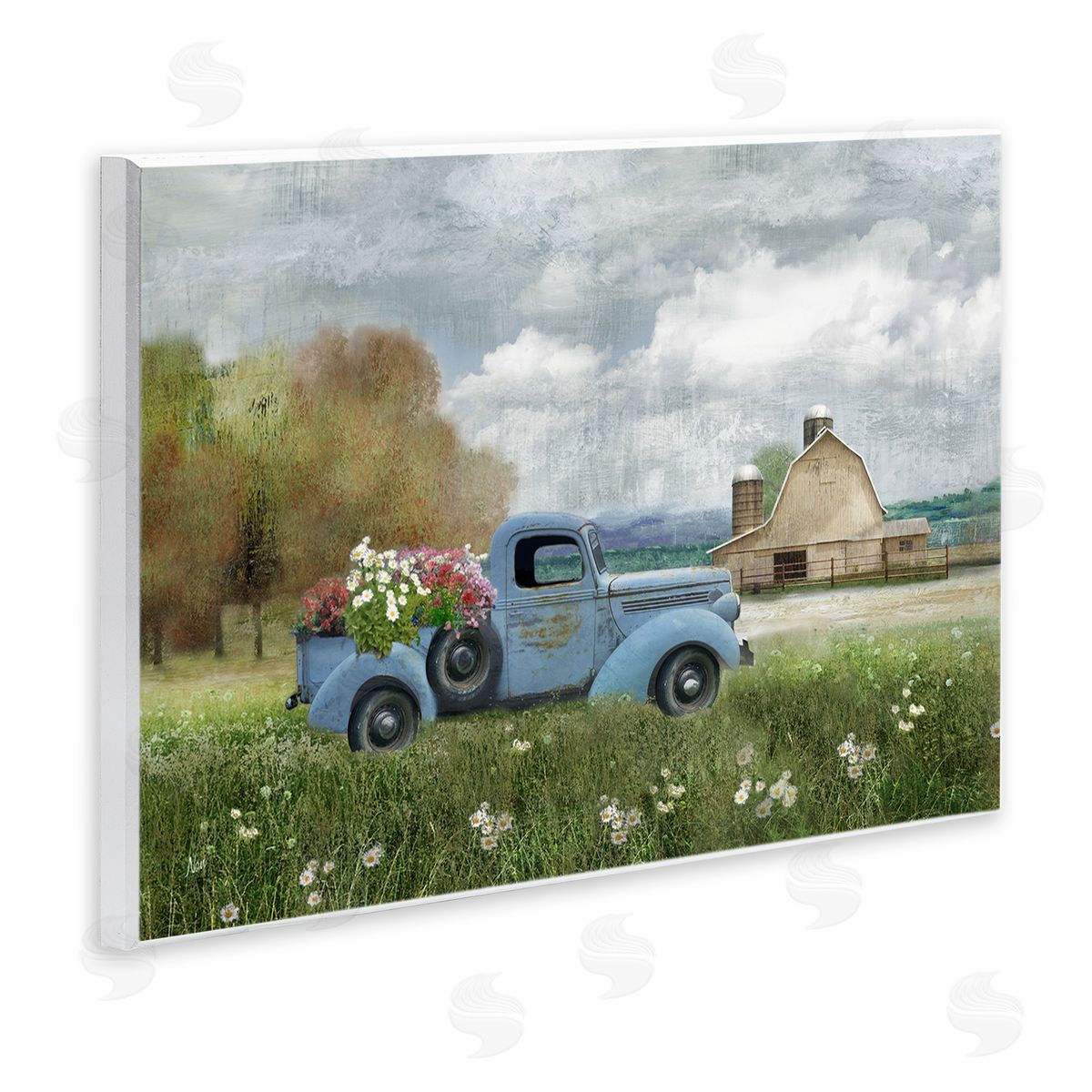 Vintage Blue Truck in Meadow Wood Plaque Wall Art, Home Decor by Nan