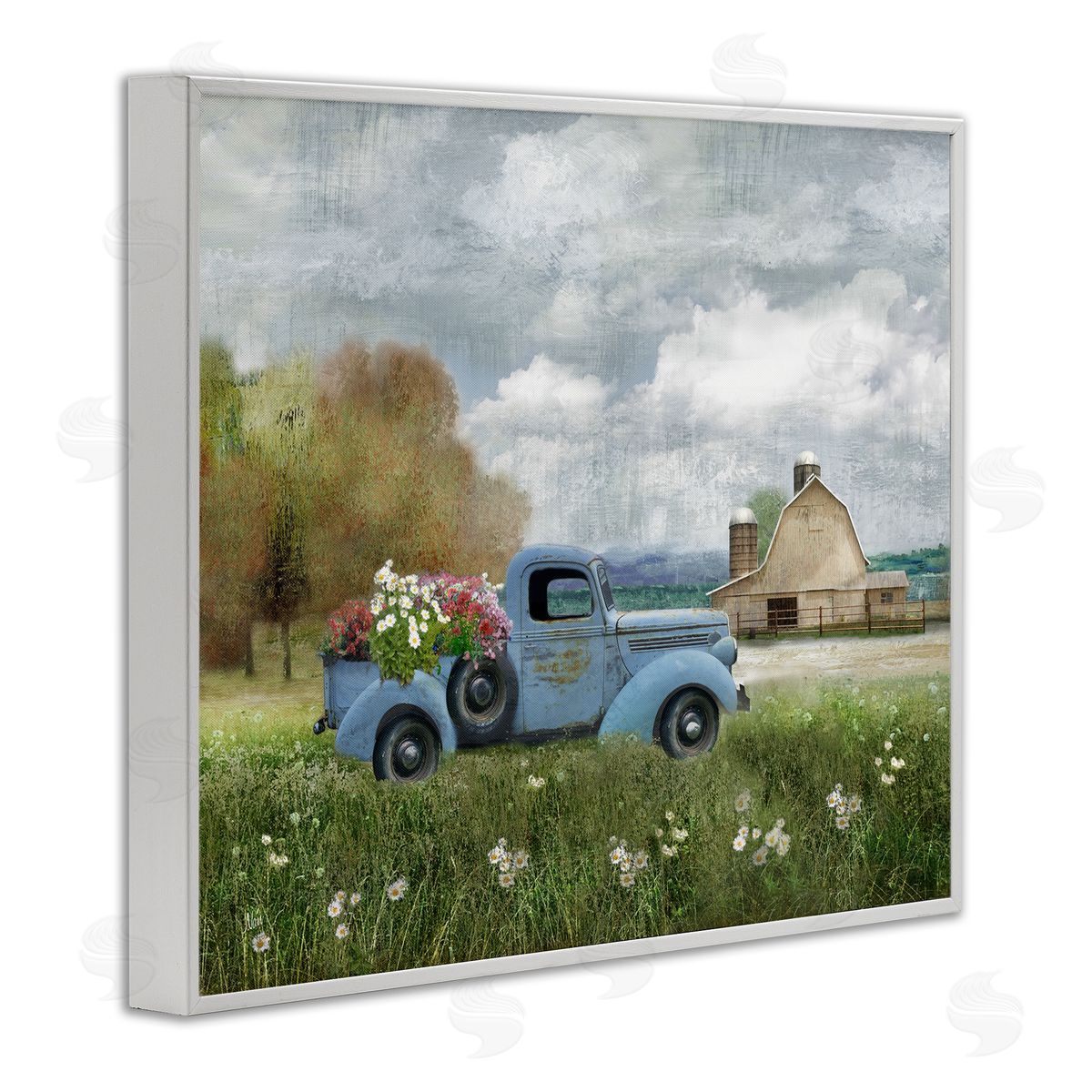 Vintage Blue Truck in Meadow White Frame Print Wall Art, Home Decor by Nan