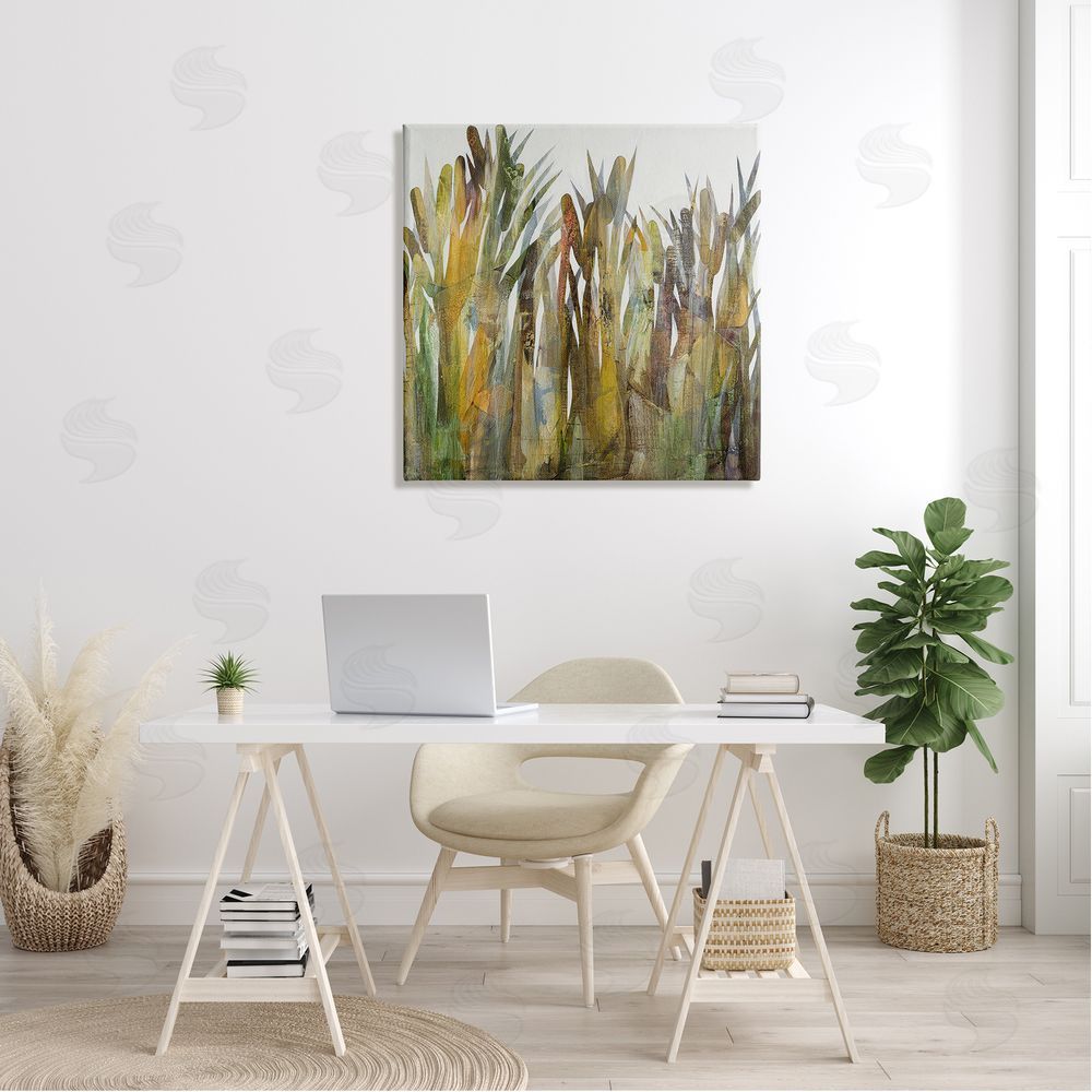 Ruth Fromstein Abstract Cattails Grass Collage Neutral Tones Canvas Wall Art in Room