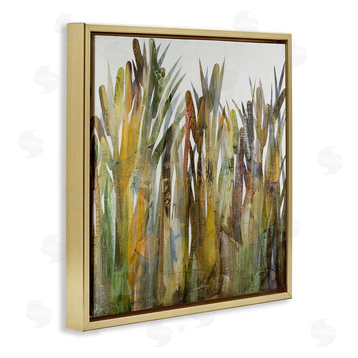 Ruth Fromstein Abstract Cattails Grass Collage Neutral Tones Gold Floating Frame Canvas Wall Art Print