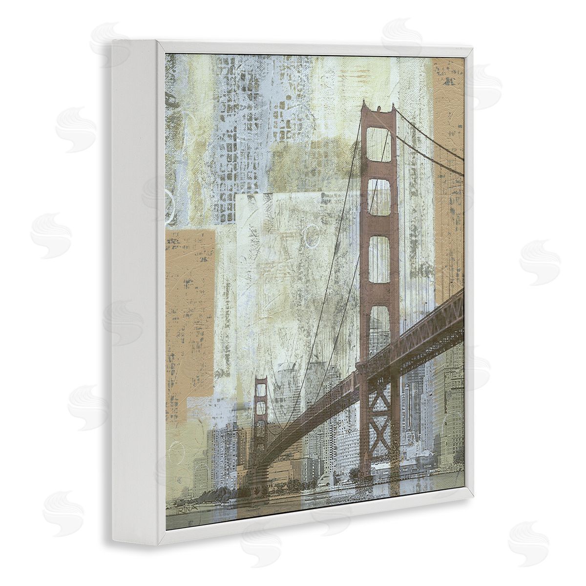 Katrina Craven Tall Water Bridge Abstract Blocked Metropolis City White Framed Glicee Wall Art Print