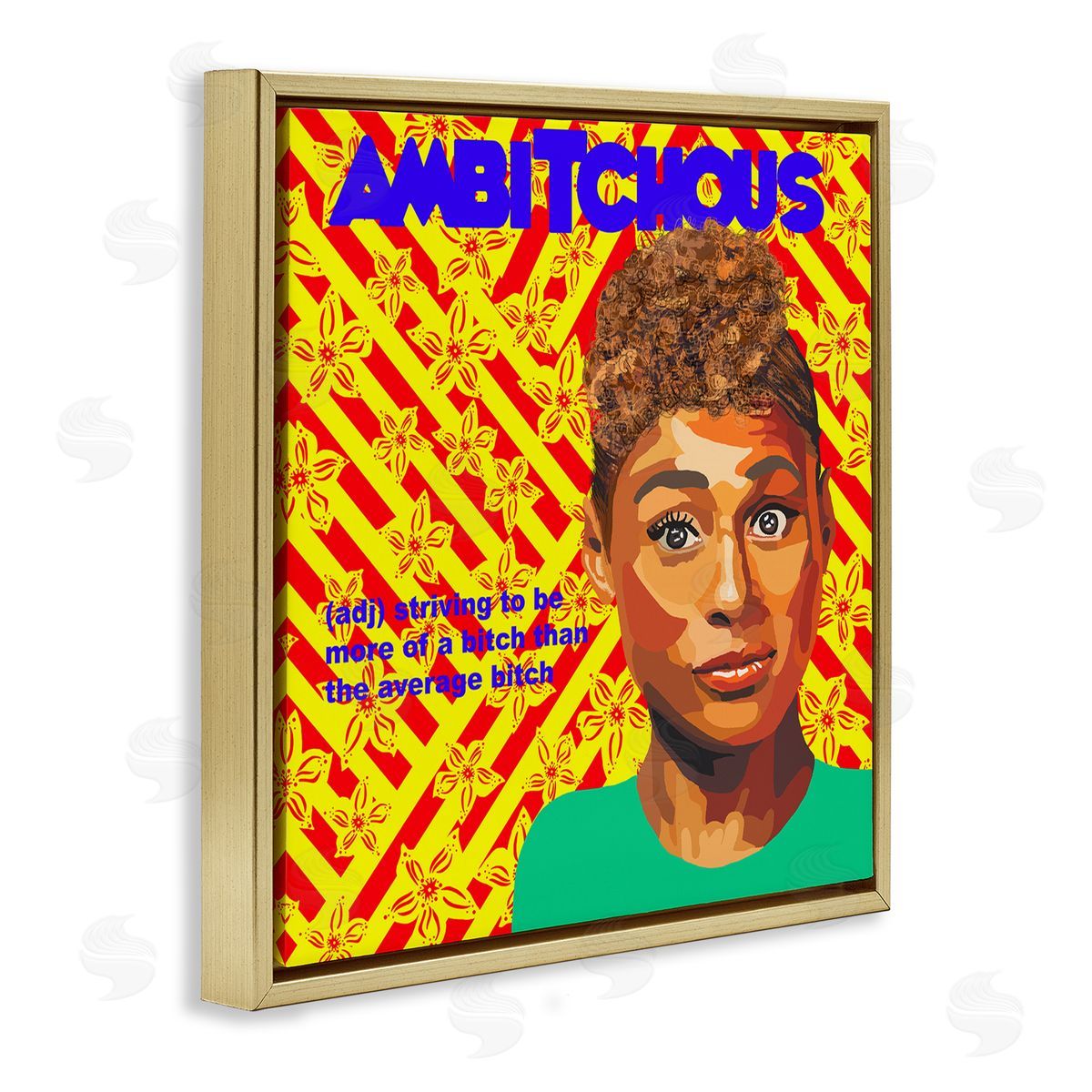 Lynnda Rakos Ambitious Funny Quote Bold Floral Pattern Background  Gold Floating Frame Canvas Wall Art Print
