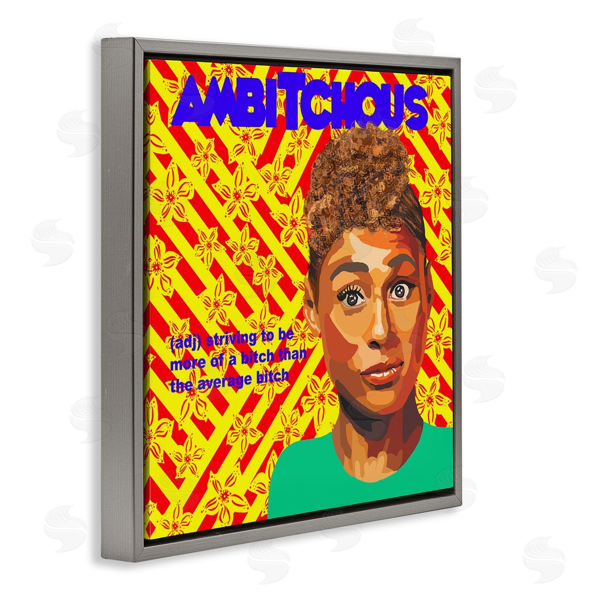 Lynnda Rakos Ambitious Funny Quote Bold Floral Pattern Background  Gray Floating Frame Canvas Wall Art Print