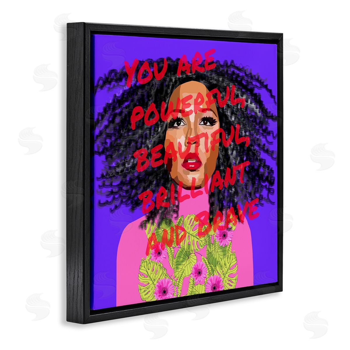 Lynnda Rakos Powerful Beautiful Brave Motivational Text Vivid Floral   Black Floating Frame Canvas Wall Art Print