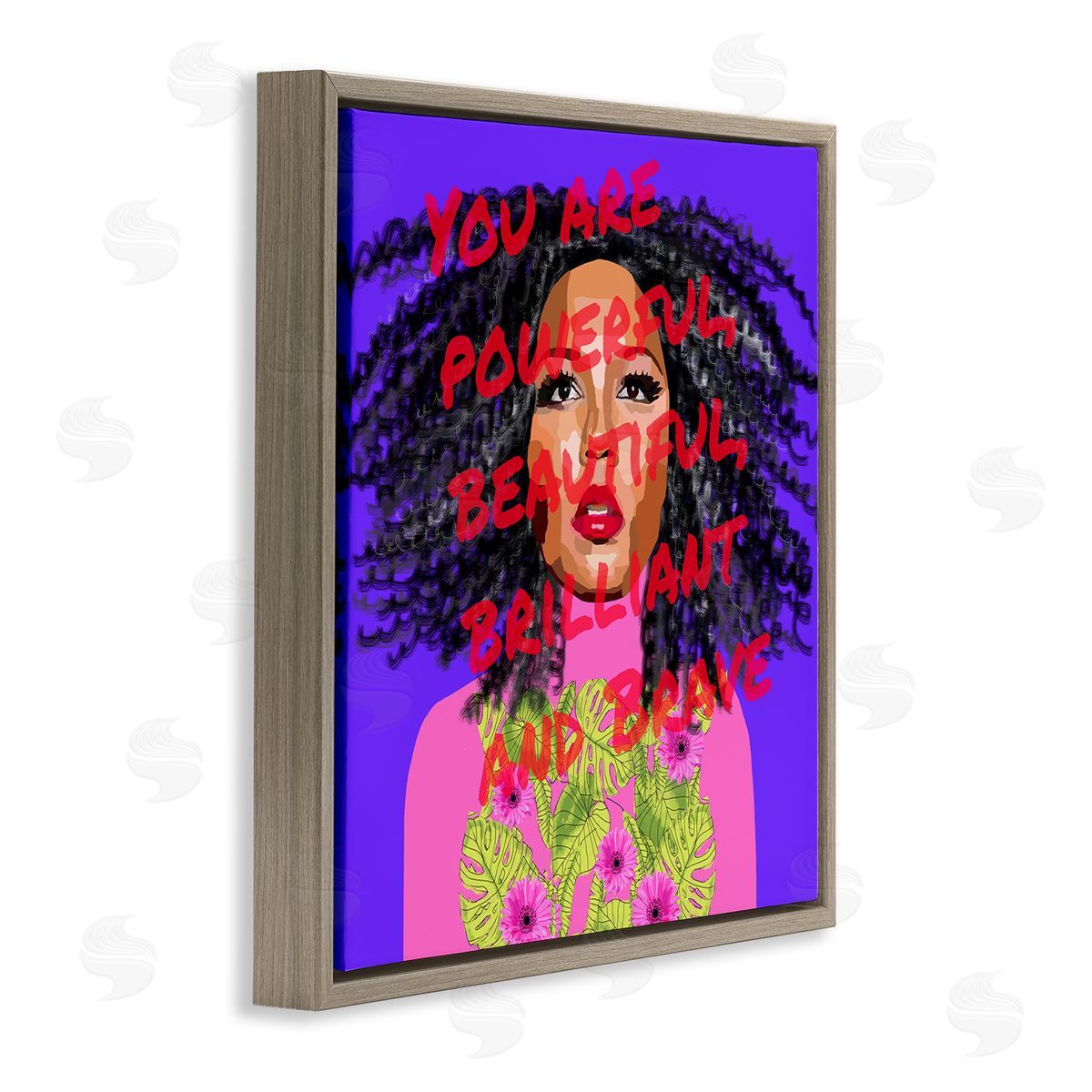 Lynnda Rakos Powerful Beautiful Brave Motivational Text Vivid Floral   Brown Floating Frame Canvas Wall Art Print