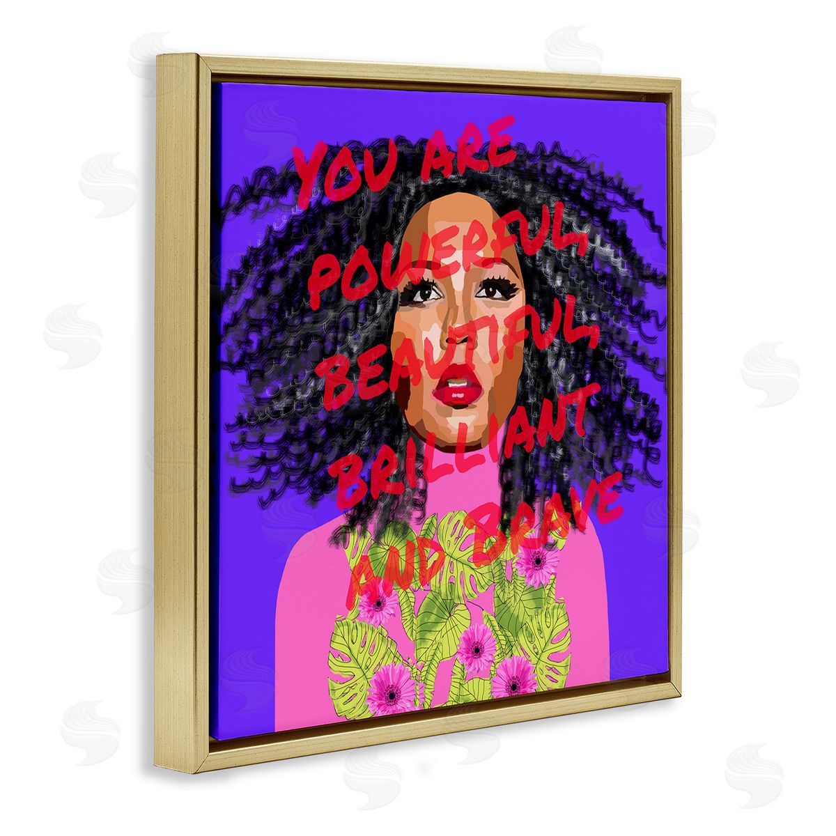 Lynnda Rakos Powerful Beautiful Brave Motivational Text Vivid Floral   Gold Floating Frame Canvas Wall Art Print