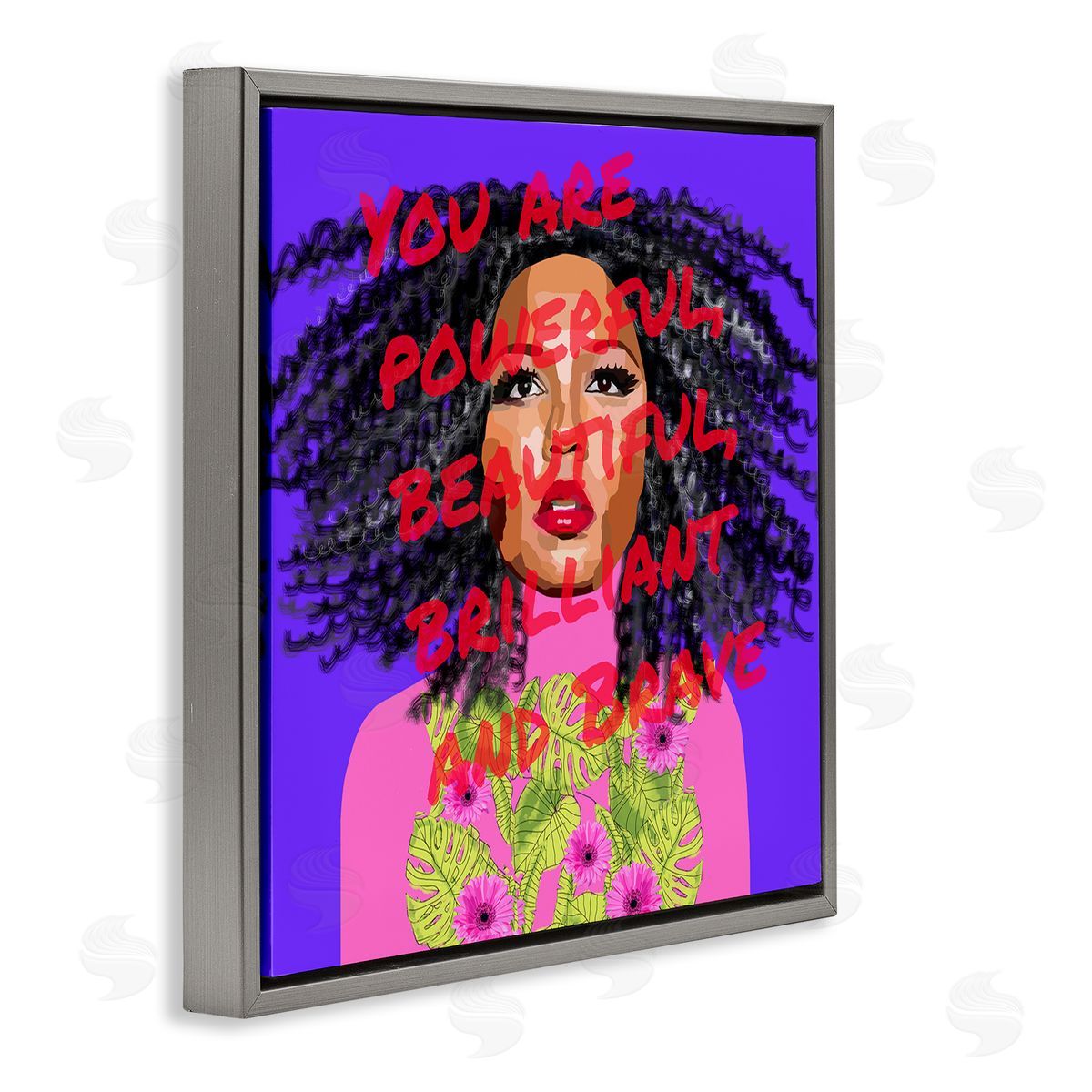 Lynnda Rakos Powerful Beautiful Brave Motivational Text Vivid Floral   Gray Floating Frame Canvas Wall Art Print