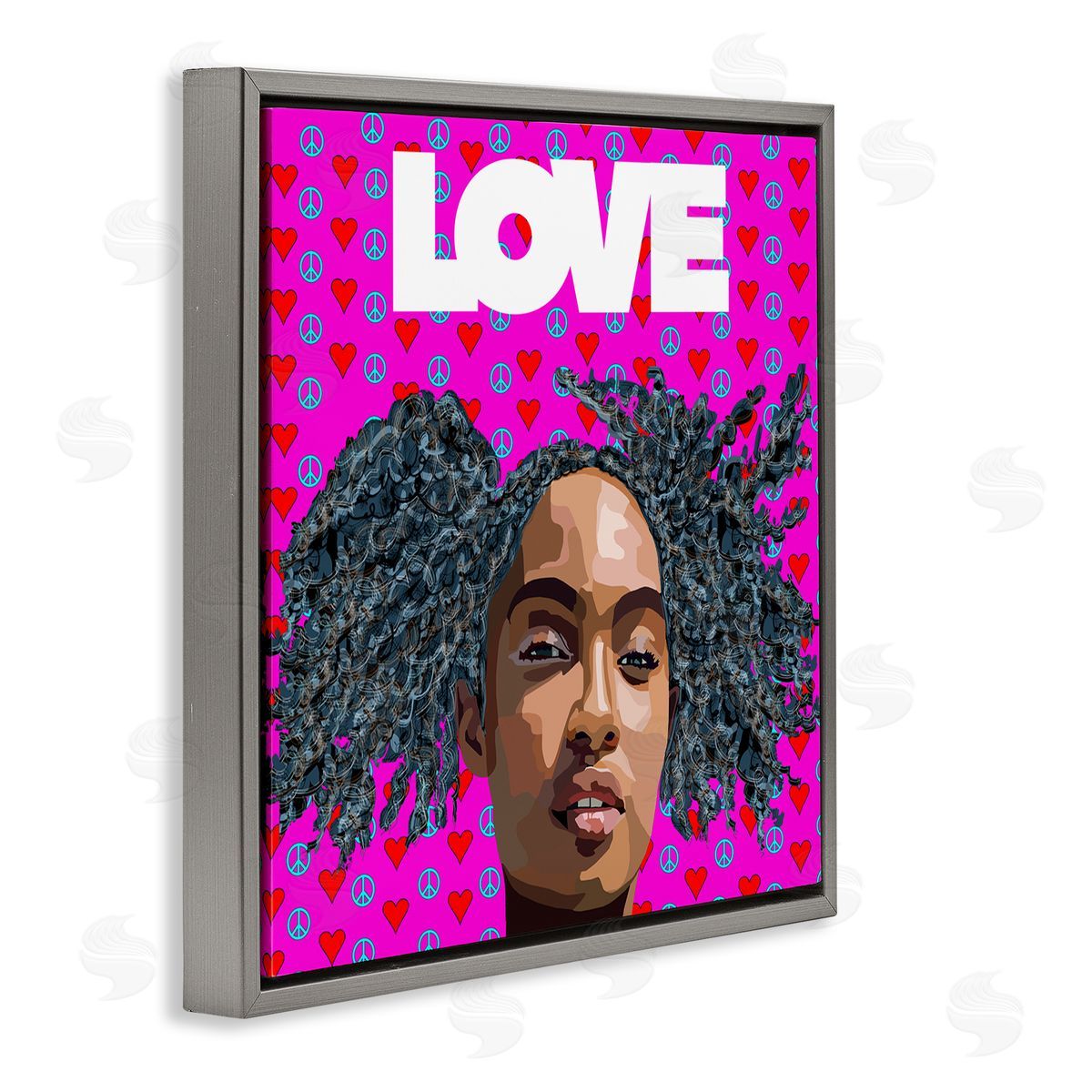 Lynnda Rakos Patterned Pink Love Peace Sign Hearts Person  Gray Floating Frame Canvas Wall Art Print