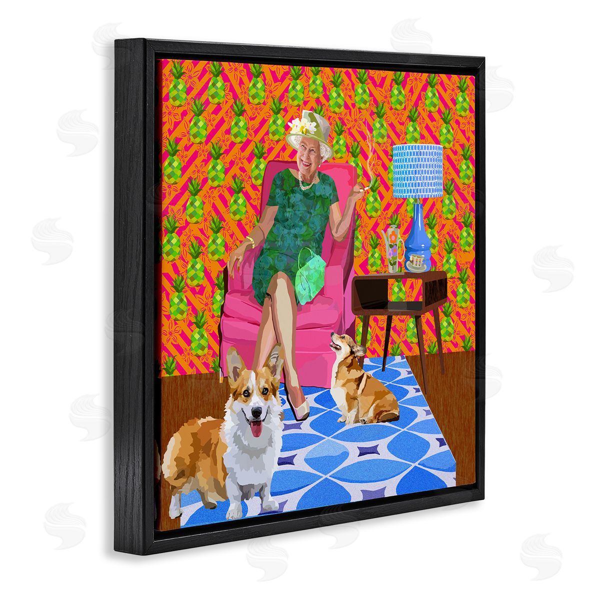 Lynnda Rakos Modern Queen Corgi Dogs Pineapple Patterned Background Black Floating Frame Canvas Wall Art Print