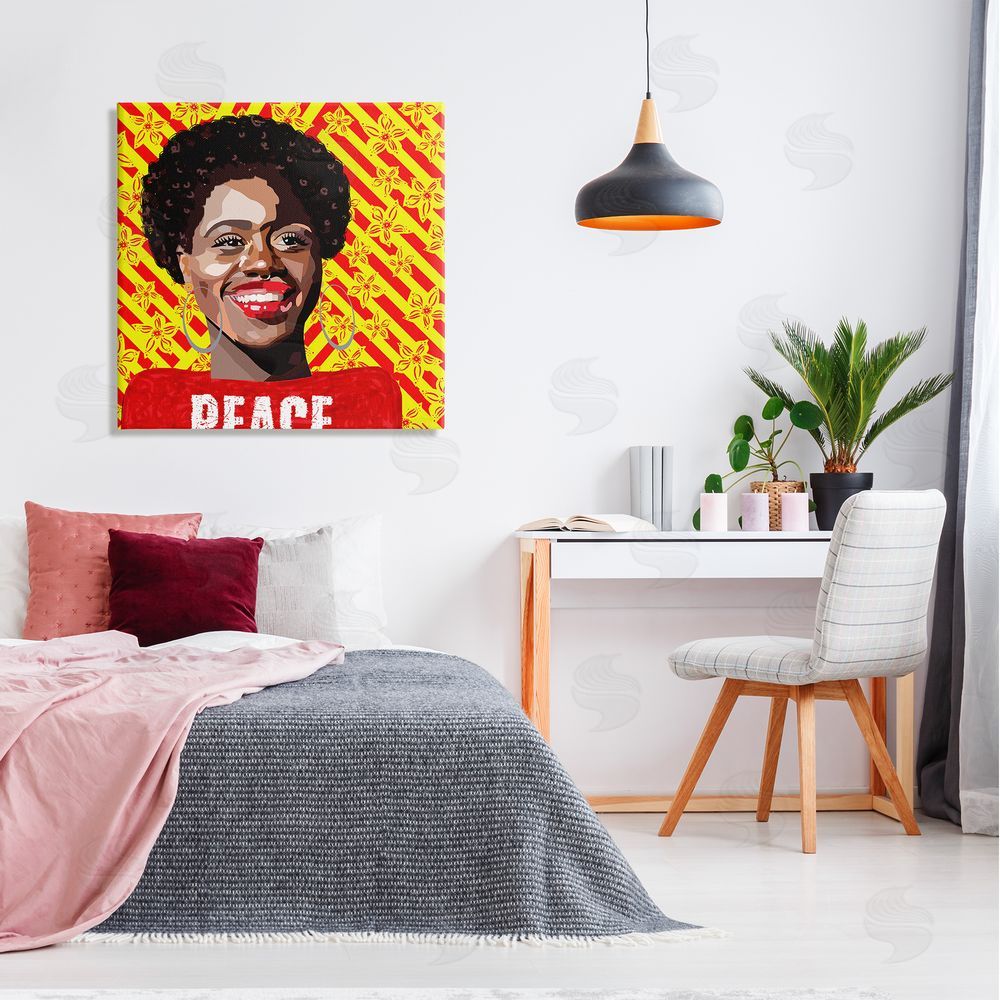 Lynnda Rakos Peace Text Smiling Woman Floral Red Stripes  Canvas Wall Art in Room