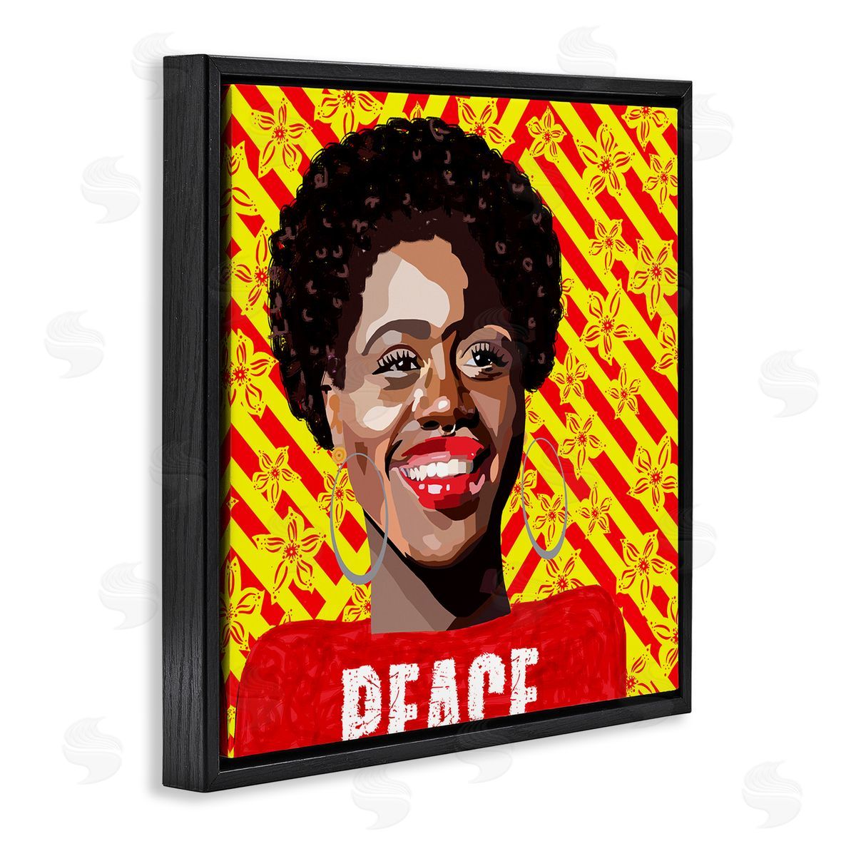 Lynnda Rakos Peace Text Smiling Woman Floral Red Stripes  Black Floating Frame Canvas Wall Art Print