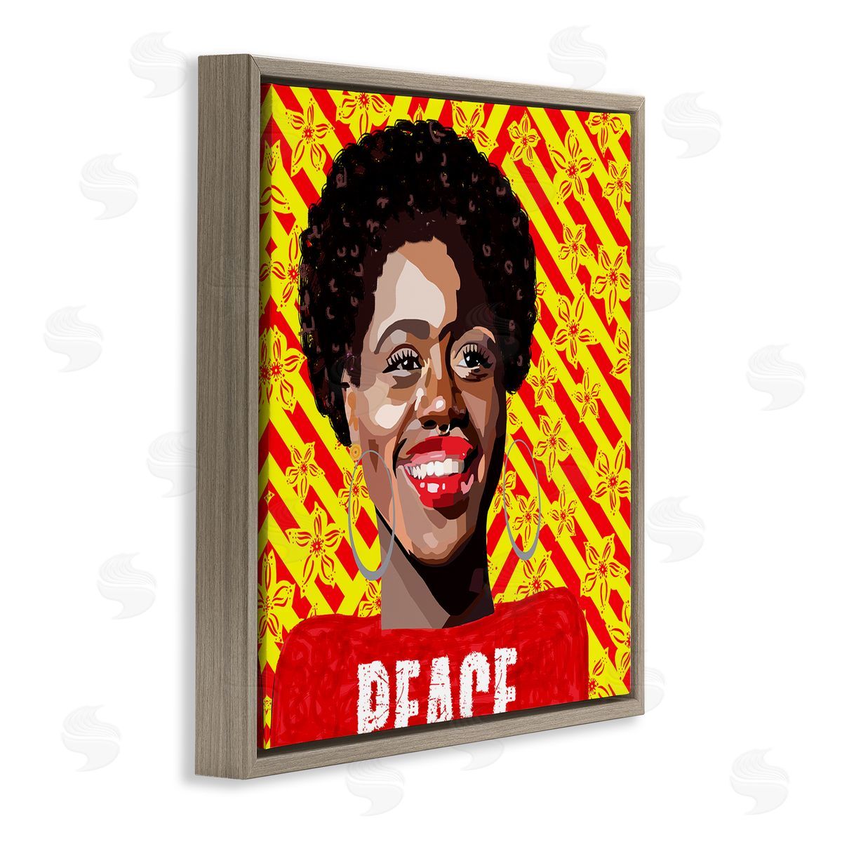 Lynnda Rakos Peace Text Smiling Woman Floral Red Stripes  Brown Floating Frame Canvas Wall Art Print