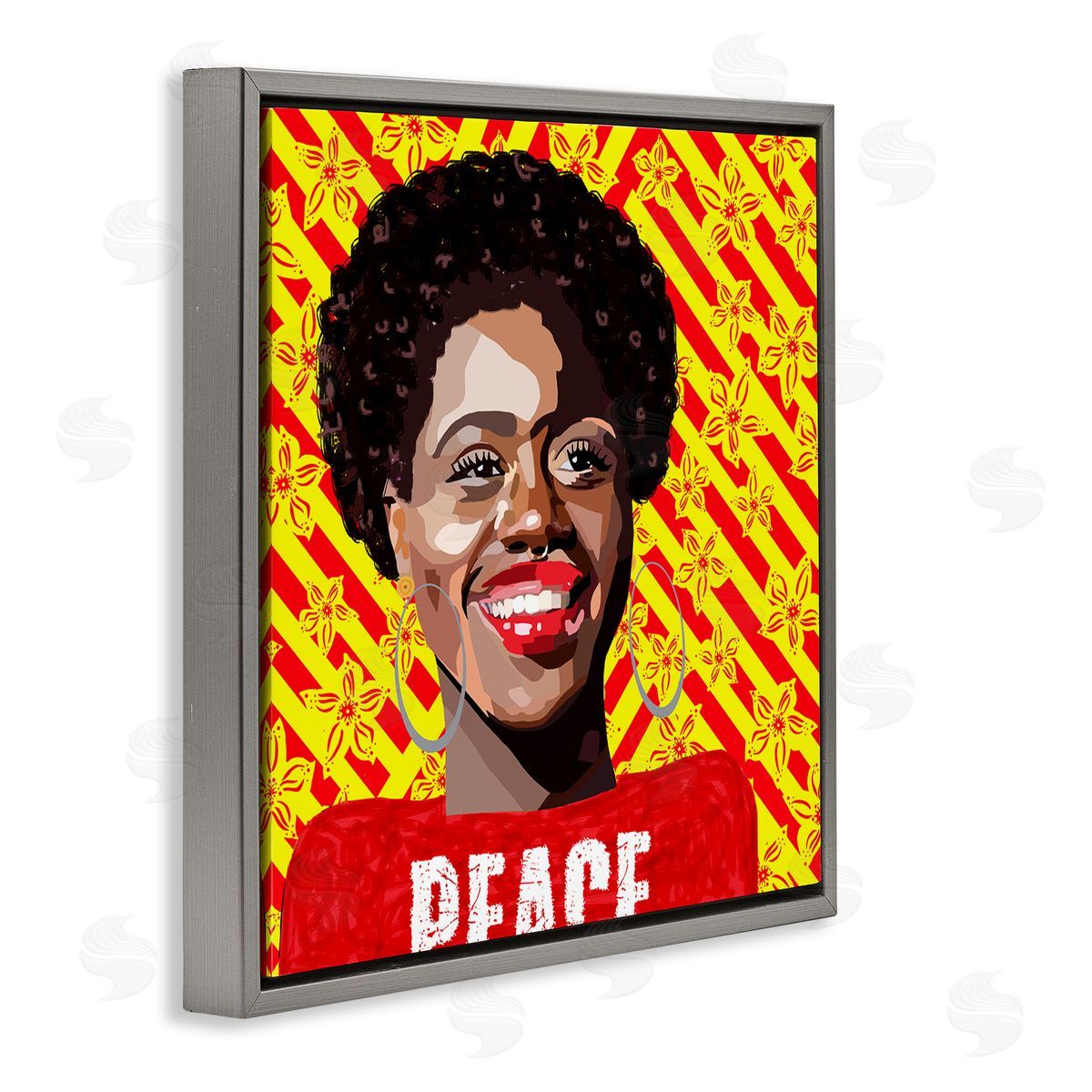 Lynnda Rakos Peace Text Smiling Woman Floral Red Stripes  Gray Floating Frame Canvas Wall Art Print