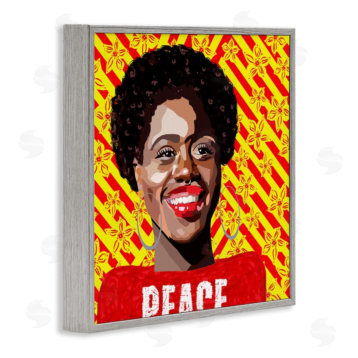 Lynnda Rakos Peace Text Smiling Woman Floral Red Stripes  Gray Framed Glicee Wall Art Print