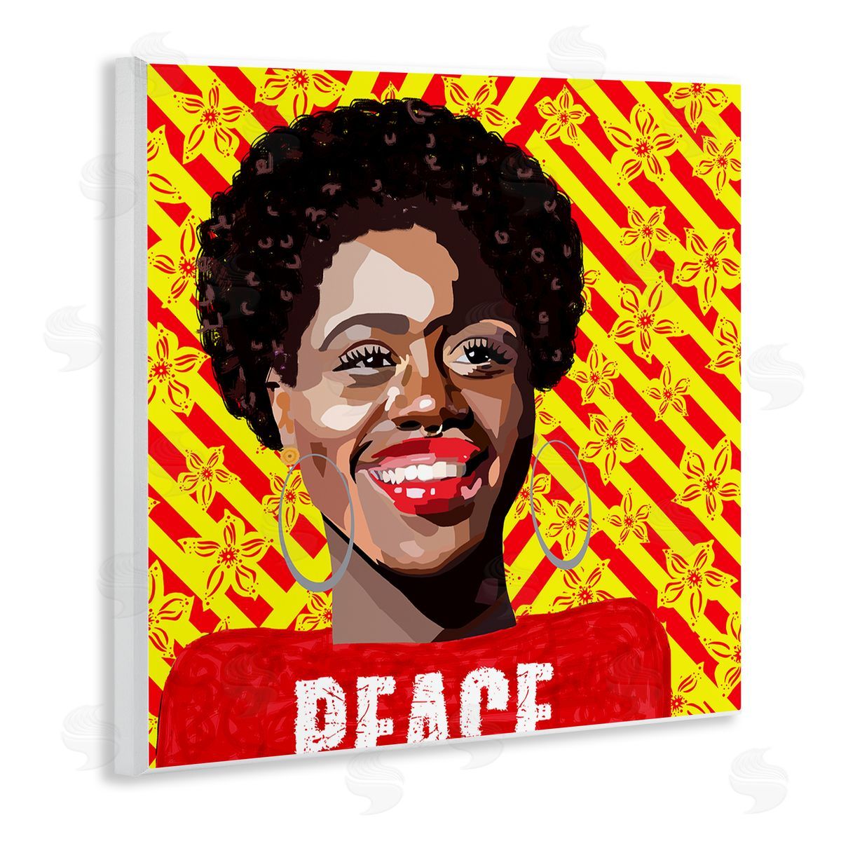 Lynnda Rakos Peace Text Smiling Woman Floral Red Stripes  Wooden Wall Plaque Art Print