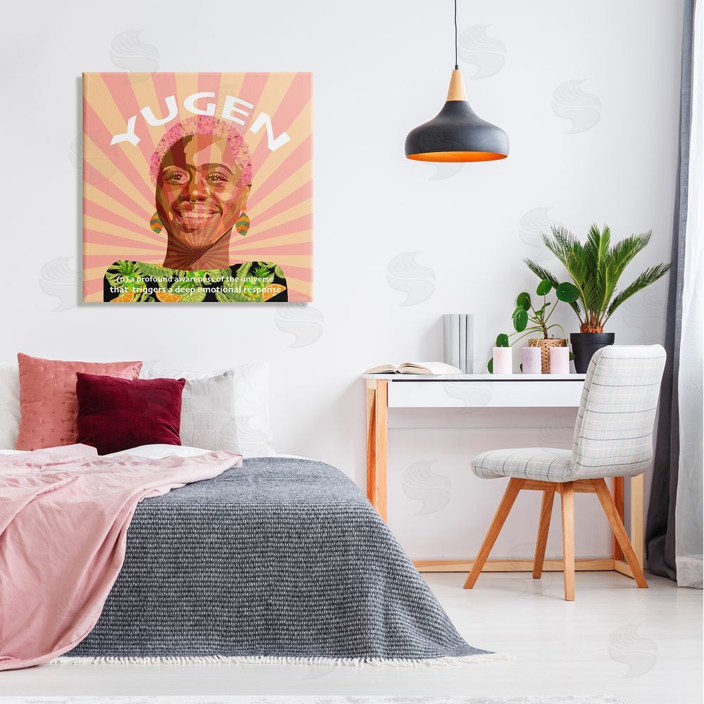 Lynnda Rakos Yugen Definition Text Smiling Woman Floral Stripes  Canvas Wall Art in Room