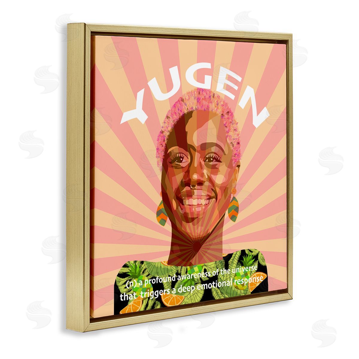 Lynnda Rakos Yugen Definition Text Smiling Woman Floral Stripes  Gold Floating Frame Canvas Wall Art Print