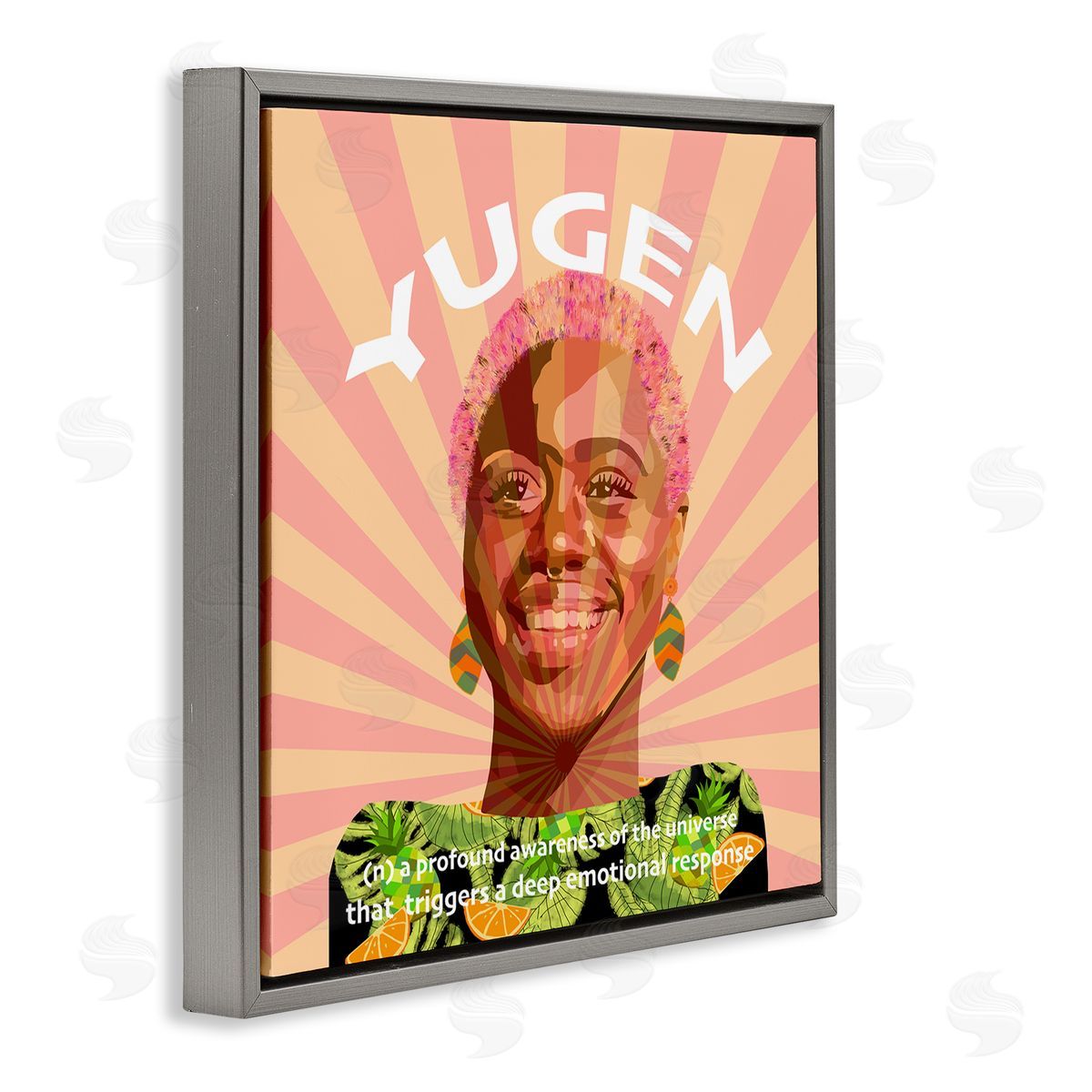 Lynnda Rakos Yugen Definition Text Smiling Woman Floral Stripes  Gray Floating Frame Canvas Wall Art Print