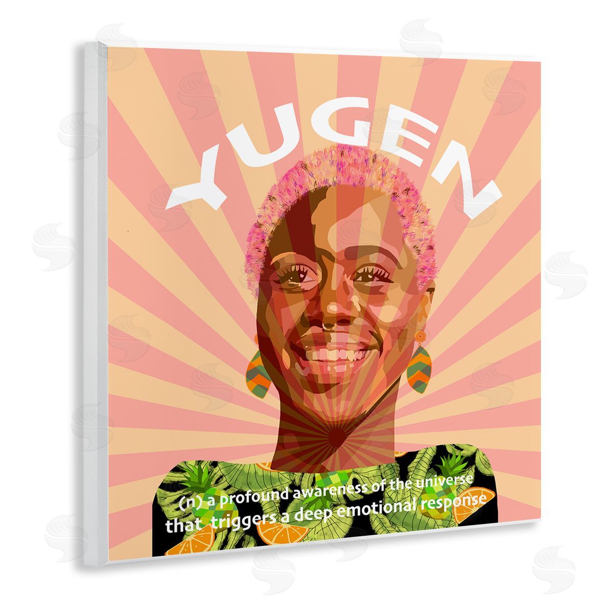 Lynnda Rakos Yugen Definition Text Smiling Woman Floral Stripes  Wooden Wall Plaque Art Print