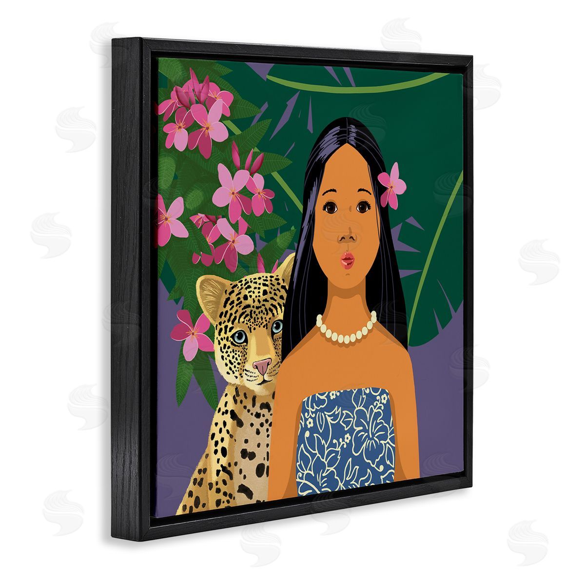 Sally Springer Griffith Portrait Girl Leopard Friend Pink Flowers Leaves Black Floating Frame Canvas Wall Art Print