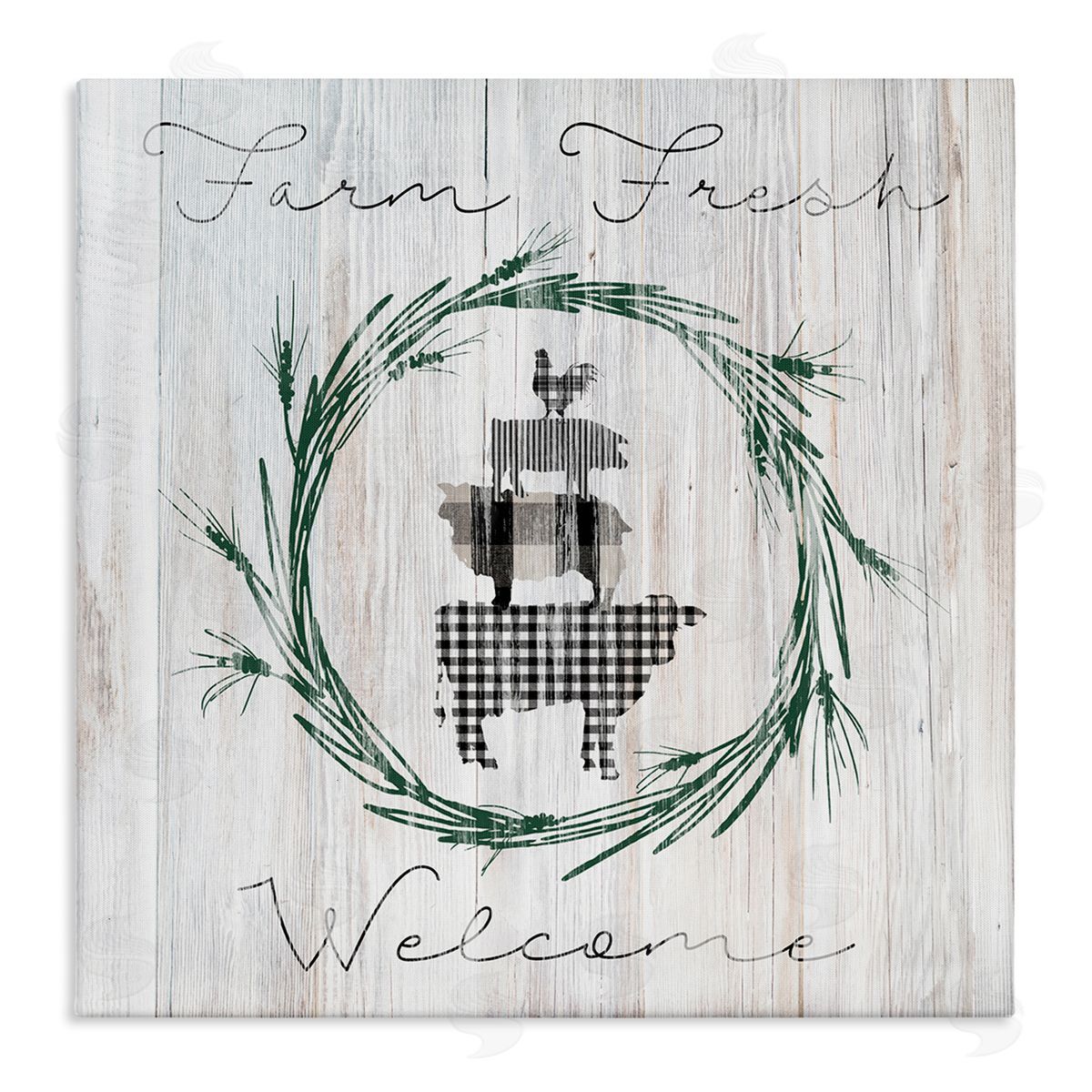 Carol Robinson Farm Fresh Welcome Sign Tartan Cow Laurels  Stretched Canvas Wall Art Print