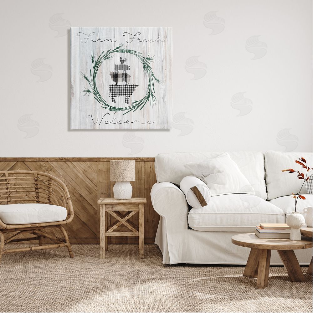 Carol Robinson Farm Fresh Welcome Sign Tartan Cow Laurels  Canvas Wall Art in Room