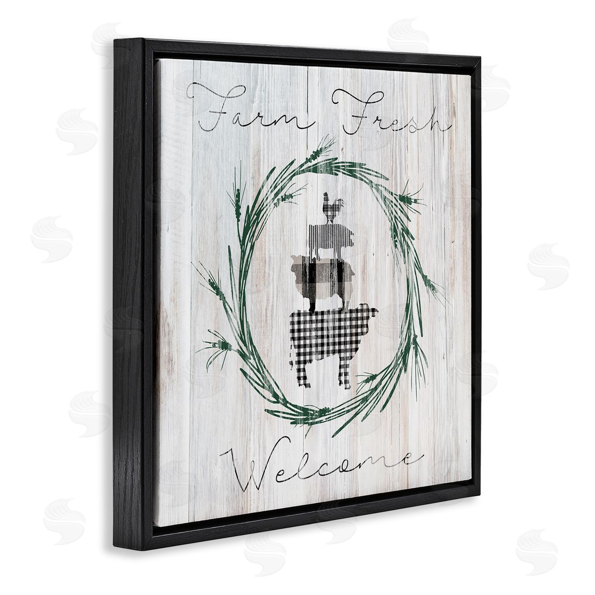 Carol Robinson Farm Fresh Welcome Sign Tartan Cow Laurels  Black Floating Frame Canvas Wall Art Print
